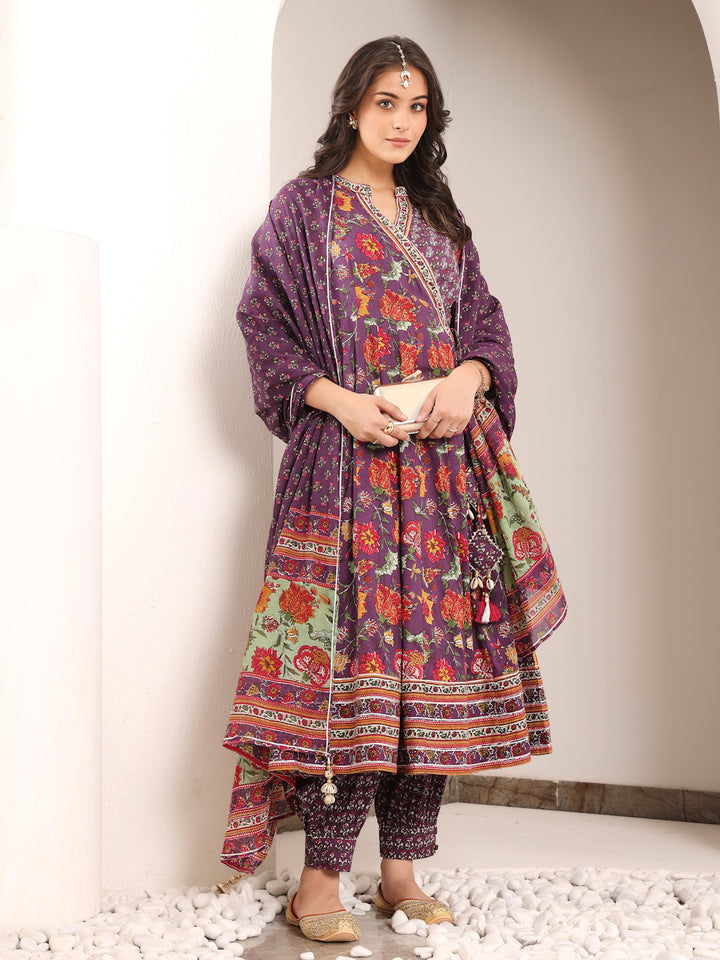 Purple Cotton Printed Embellished Designer Angrakha Suit Set