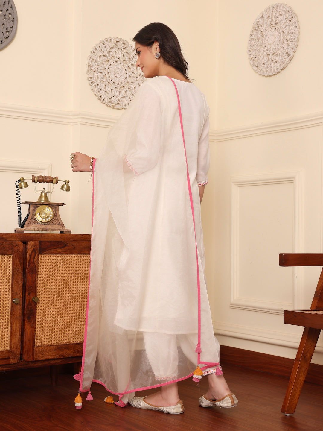 Off White Embroidered Suit Set With Dupatta