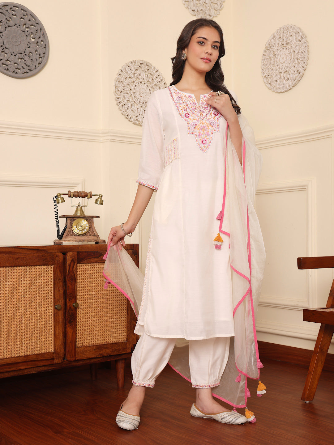 Off White Embroidered Suit Set With Dupatta