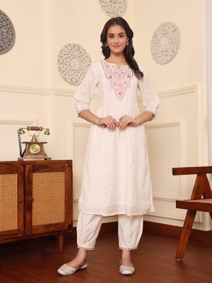 Off White Embroidered Suit Set With Dupatta