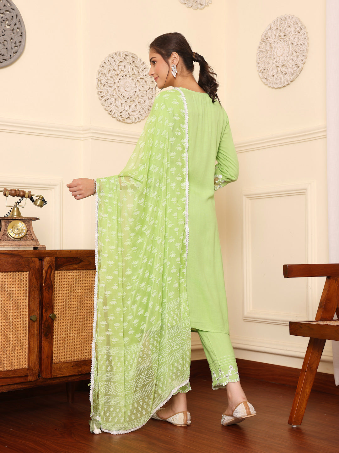 Green Rayon Slub Embroidered Kurta Pant With Dupatta