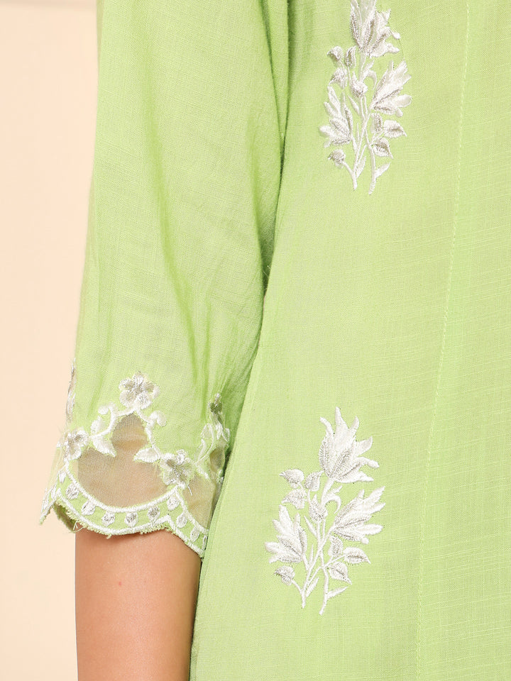 Green Rayon Slub Embroidered Kurta Pant With Dupatta