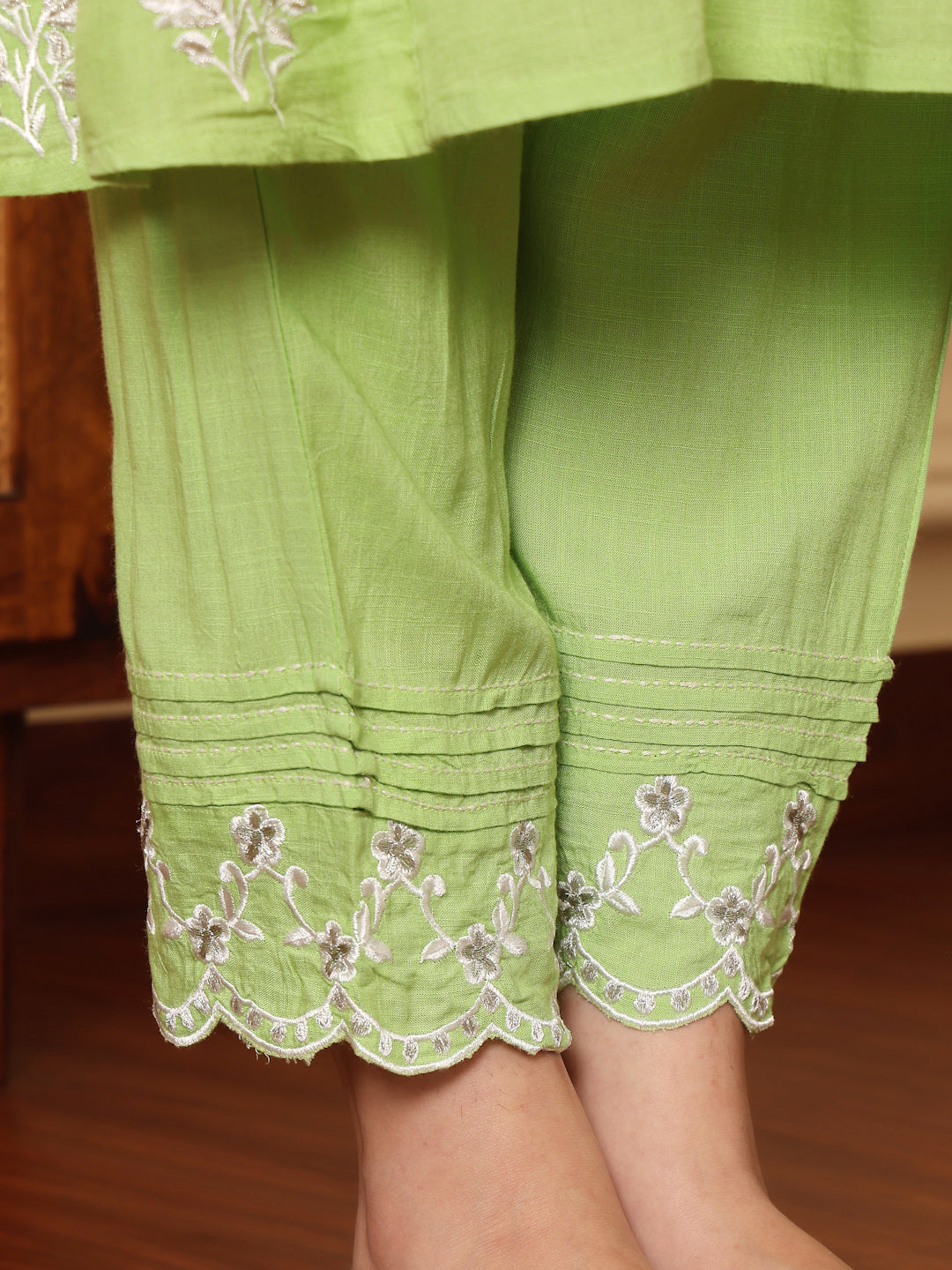 Green Rayon Slub Embroidered Kurta Pant With Dupatta