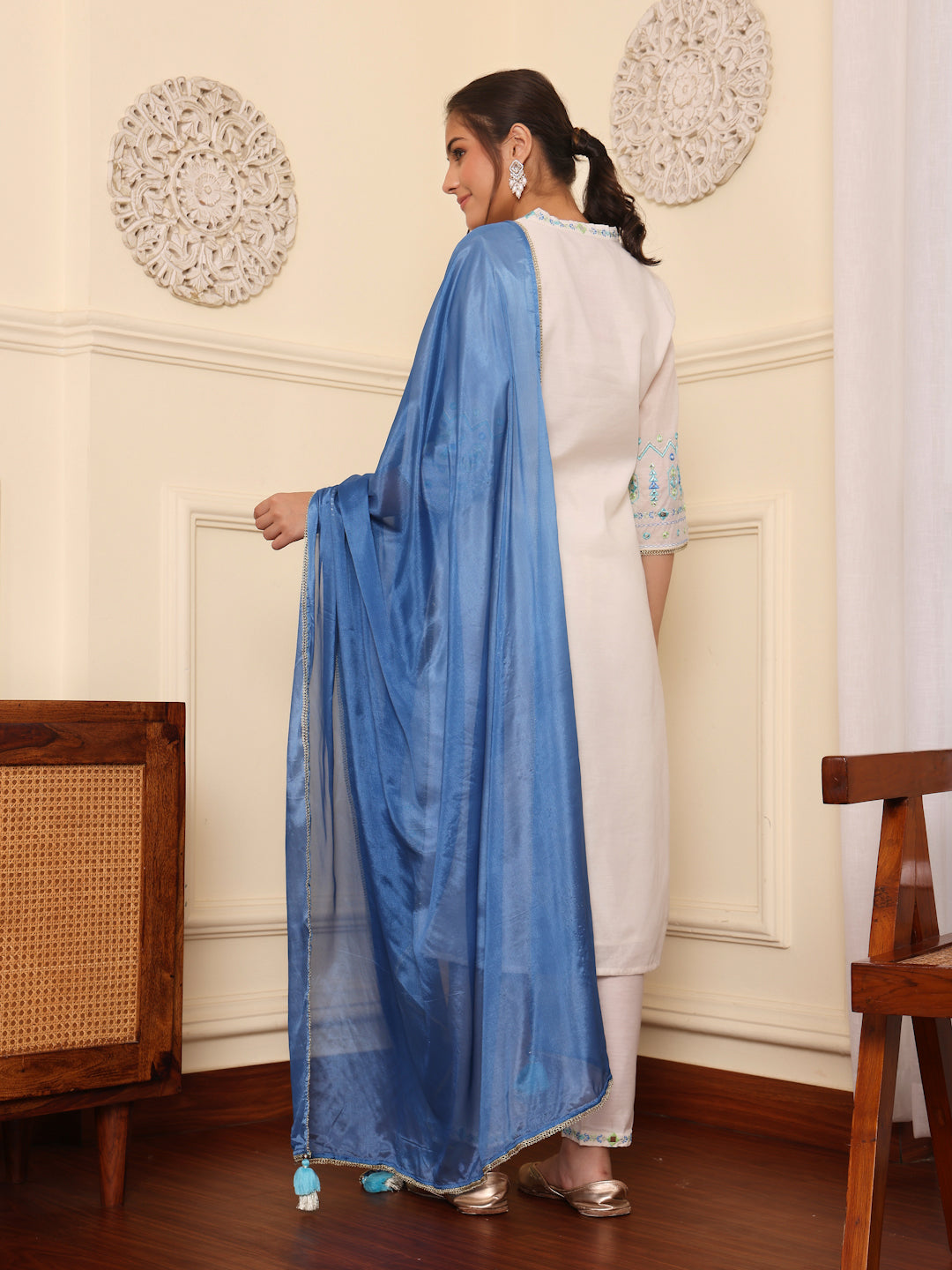 Off White Blue Embroidered Festive Suit Set With Dupatta