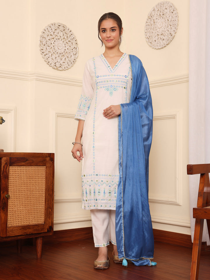 Off White Blue Embroidered Festive Suit Set With Dupatta