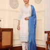 Off White Blue Embroidered Festive Suit Set With Dupatta