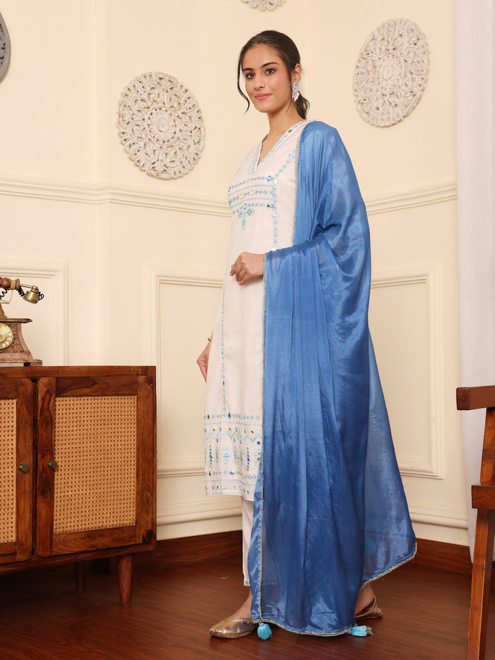 Off White Blue Embroidered Festive Suit Set With Dupatta