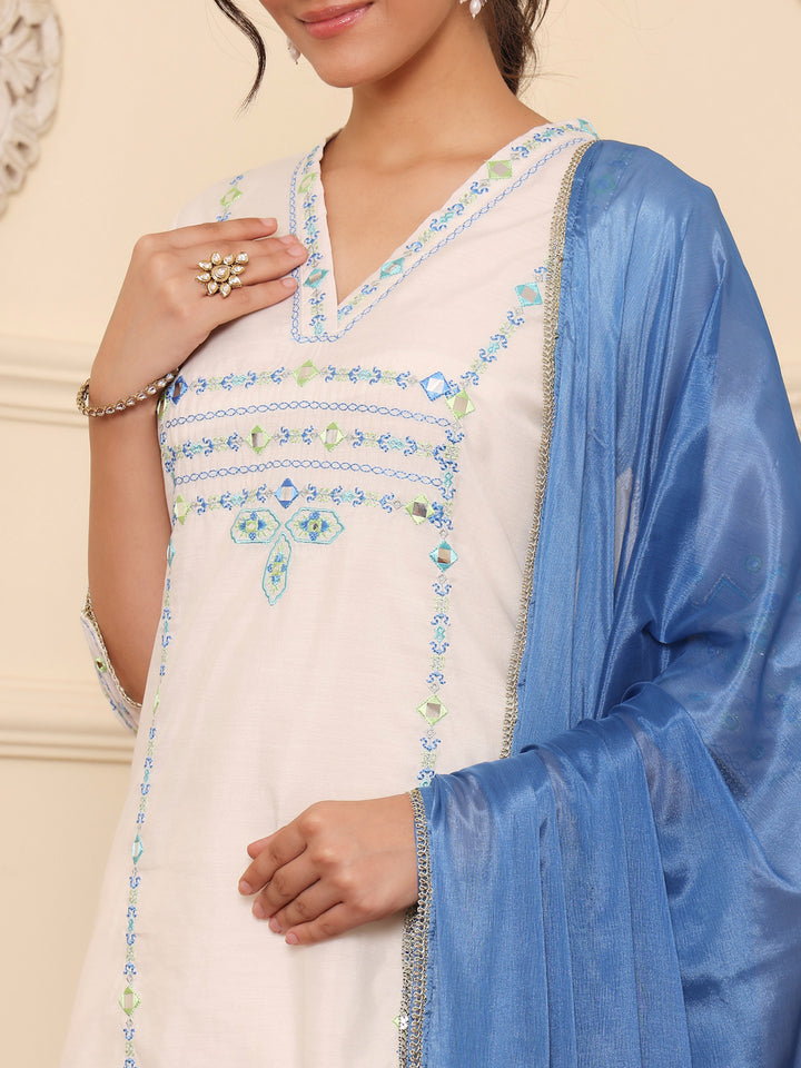 Off White Blue Embroidered Festive Suit Set With Dupatta