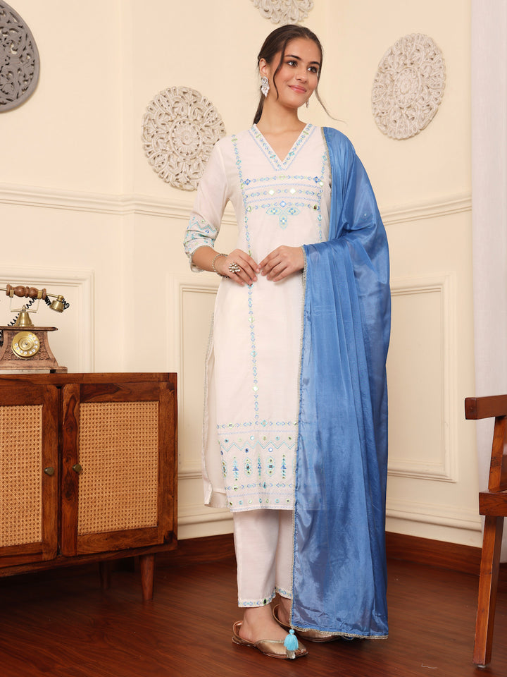 Off White Blue Embroidered Festive Suit Set With Dupatta