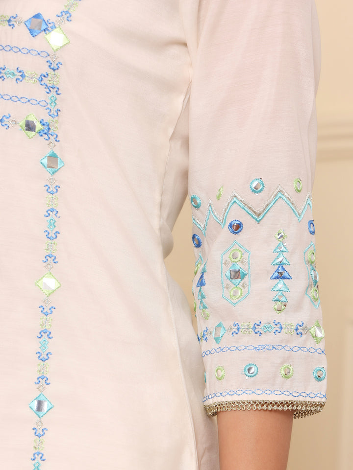 Off White Blue Embroidered Festive Suit Set With Dupatta