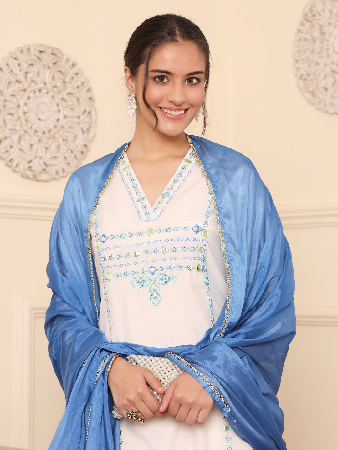 Off White Blue Embroidered Festive Suit Set With Dupatta