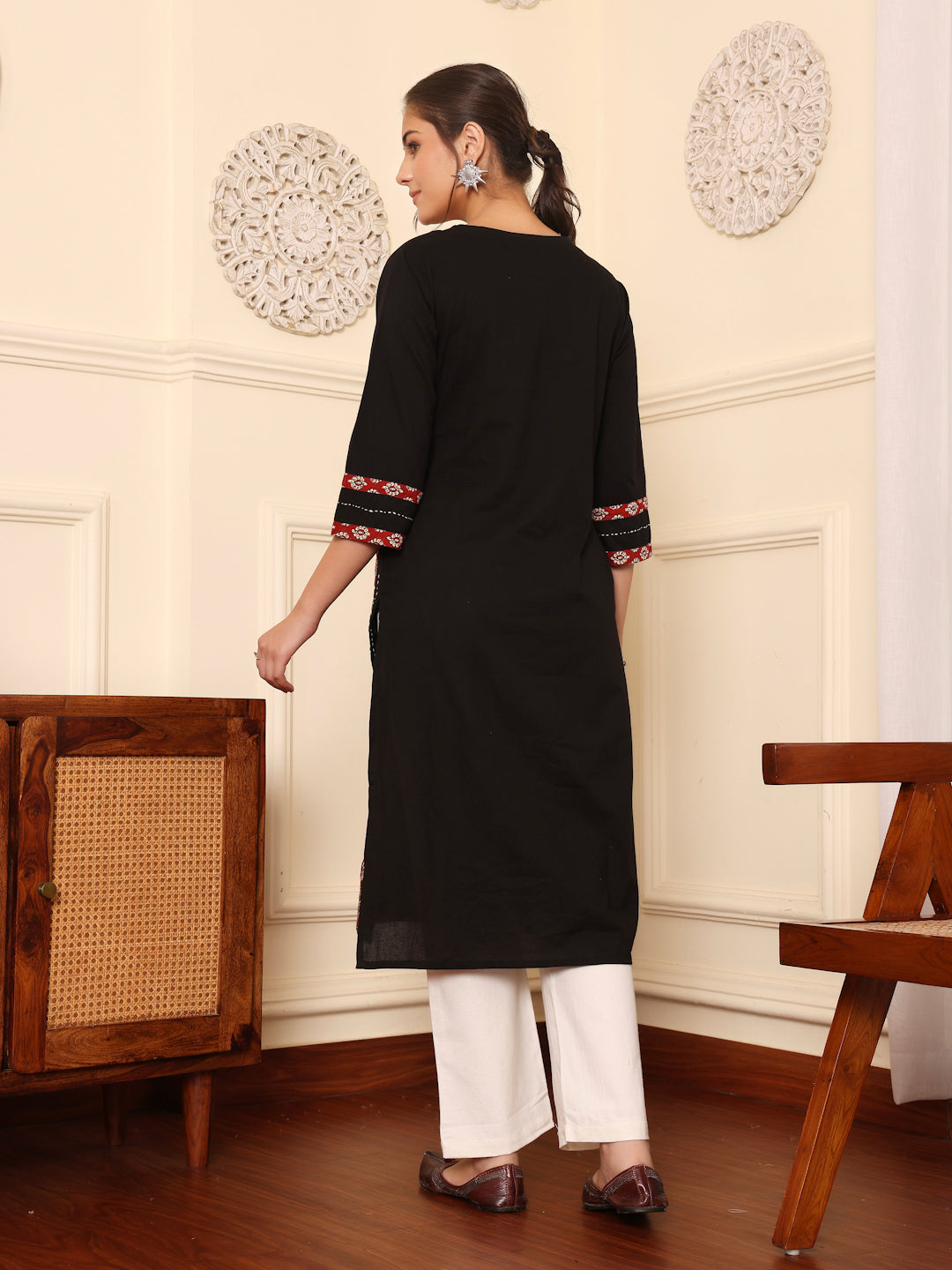 Black Cotton Detailed Straight Kurta