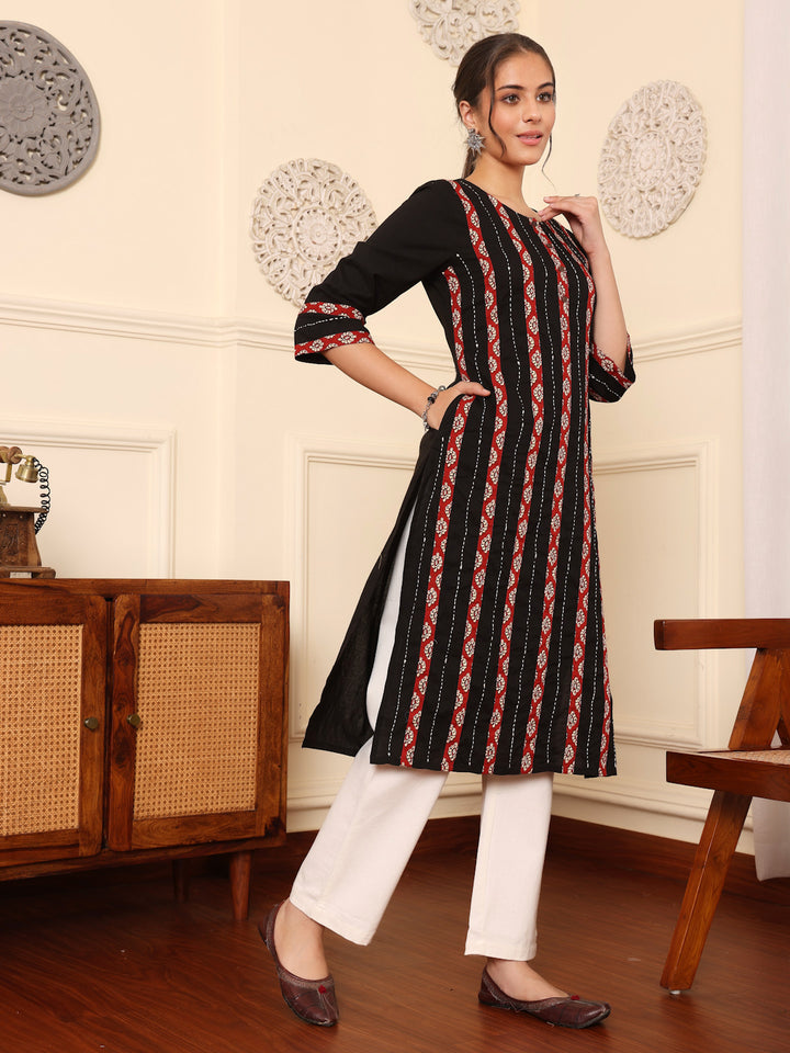 Black Cotton Detailed Straight Kurta