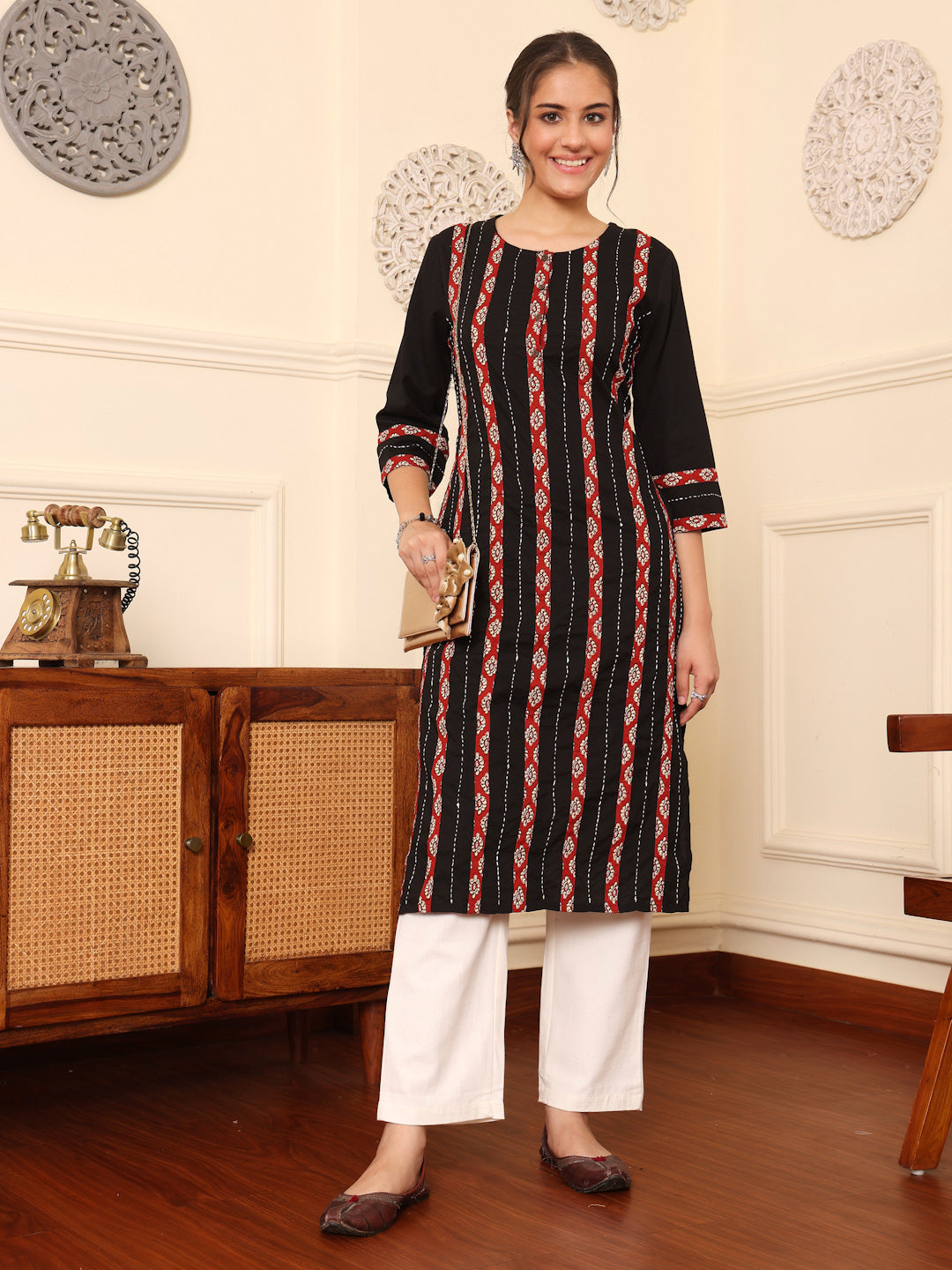 Black Cotton Detailed Straight Kurta