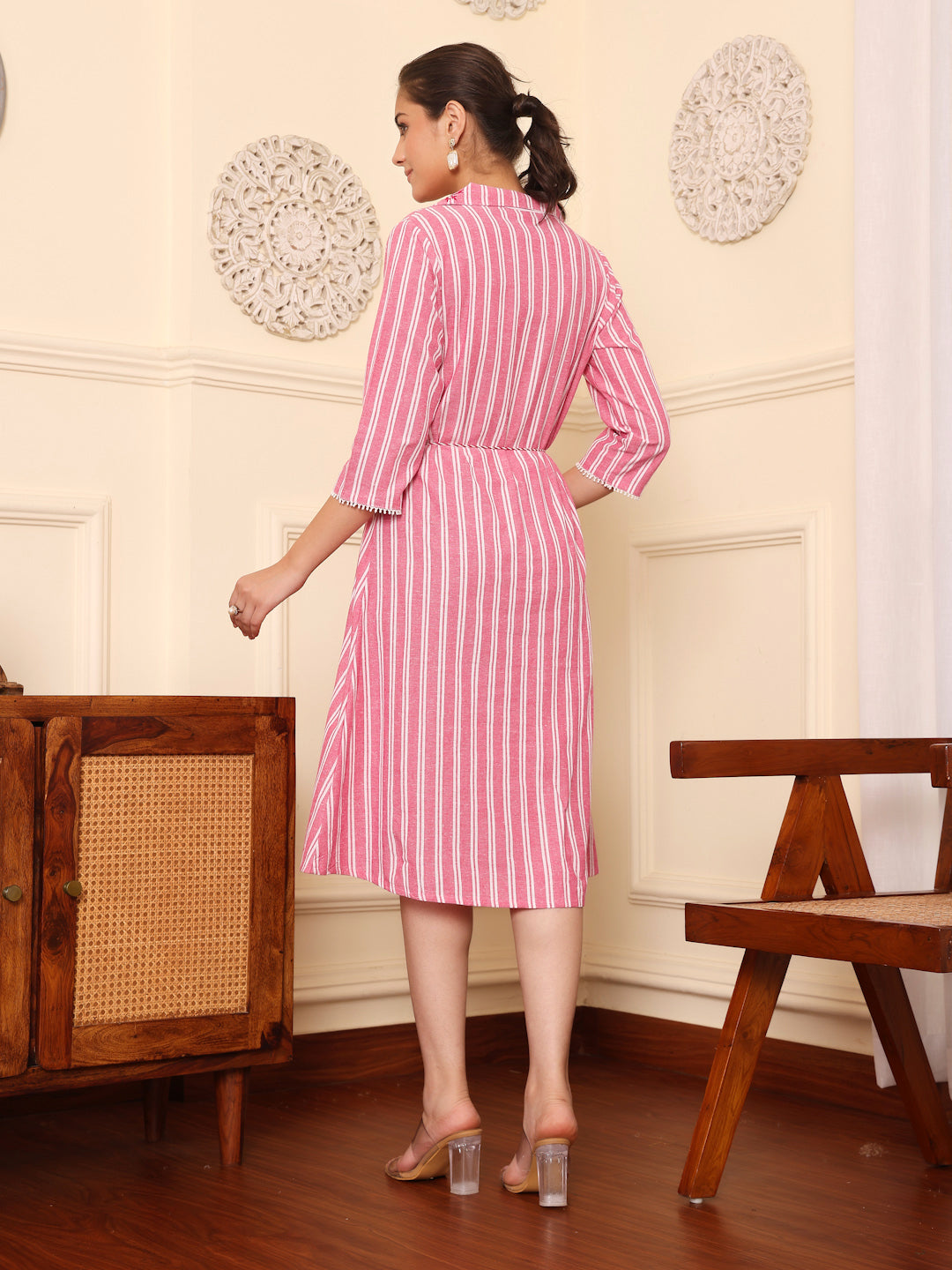 Pink Yarn Dyed Embroidered Collar Dress