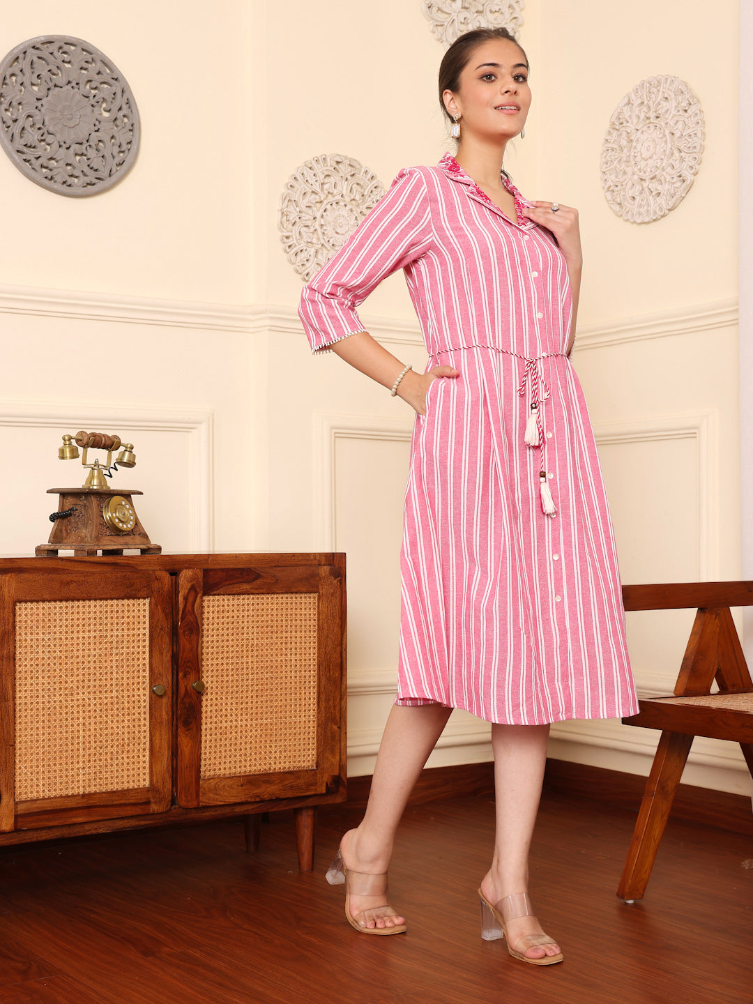 Pink Yarn Dyed Embroidered Collar Dress