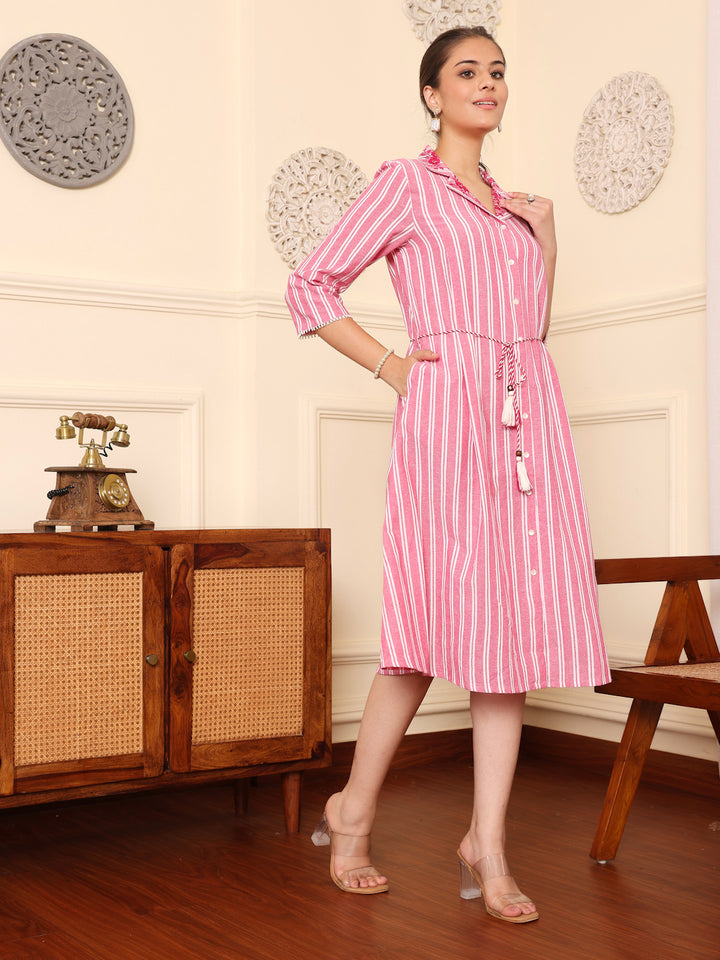 Pink Yarn Dyed Embroidered Collar Dress