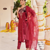 Wine Zari Embroidered Velvet Designer Straight Kurta Pant Set With Dupatta