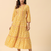 Yellow Cotton Printed  Midi Tiered Dress