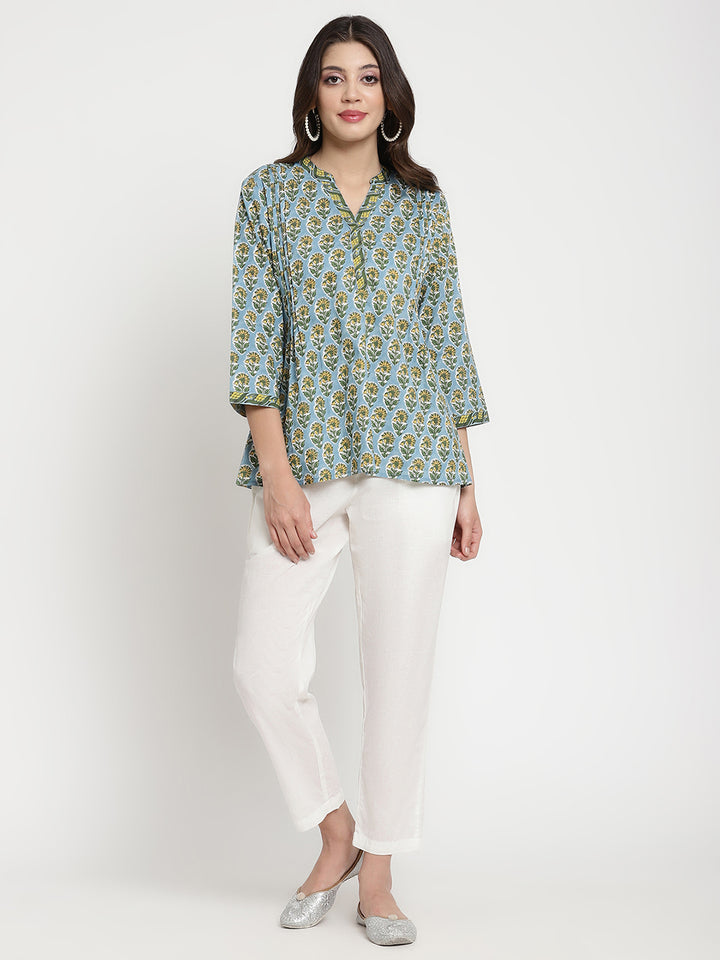 Powder Blue Cotton Printed Pintuck Tunic Top