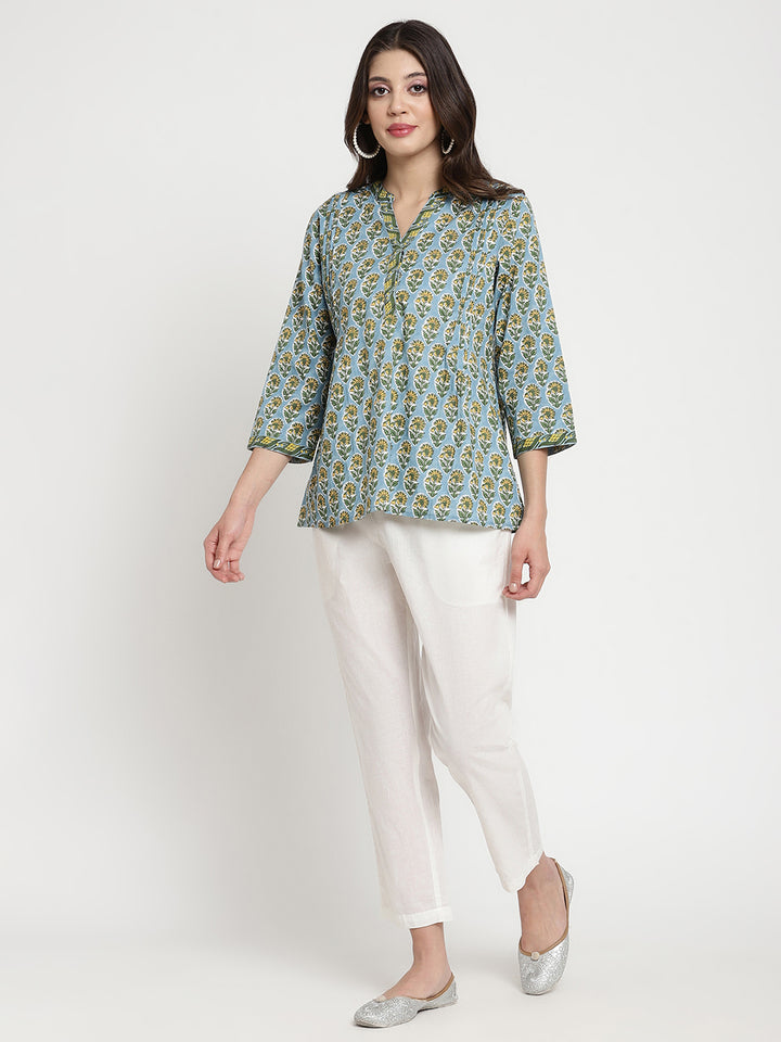 Powder Blue Cotton Printed Pintuck Tunic Top