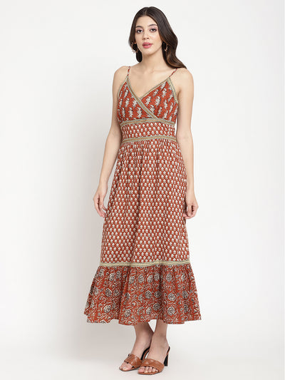 Rust Cotton Printed Strappy Flared Dress
