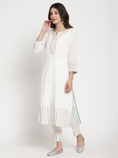 White Embroidered Designer Kurta Pant Set With Dupatta