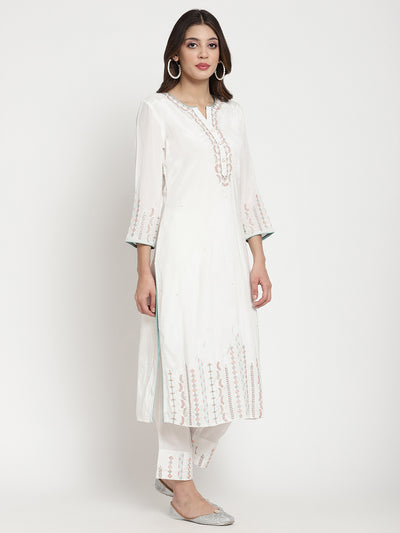 White Embroidered Designer Kurta Pant Set With Dupatta
