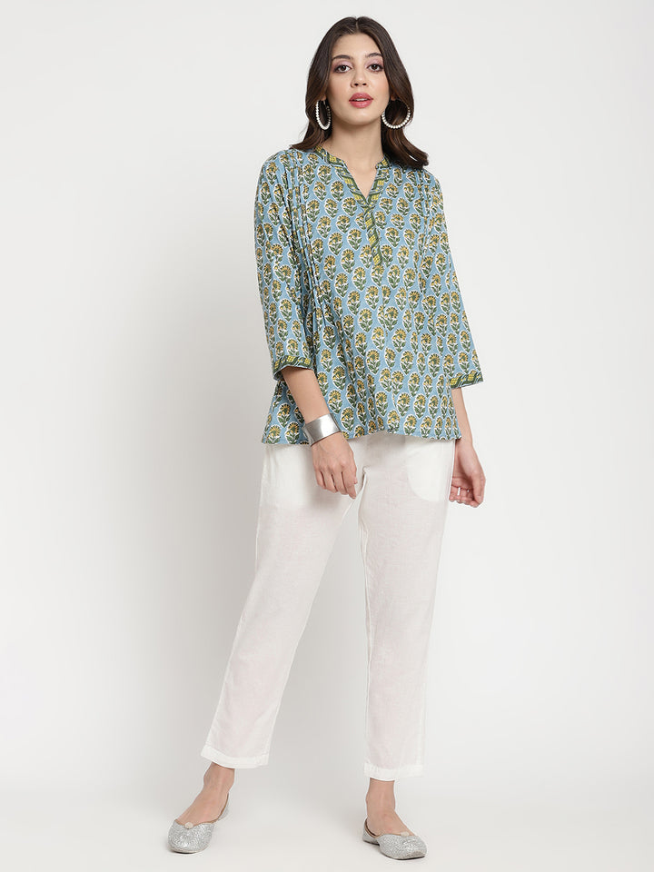 Powder Blue Cotton Printed Pintuck Tunic Top