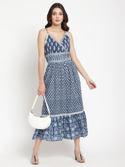 Navy Blue Cotton Printed Strappy Flared Dress