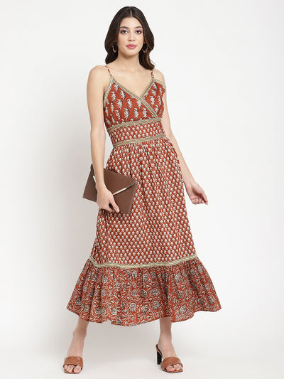 Rust Cotton Printed Strappy Flared Dress