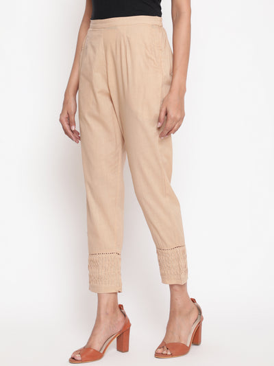 Beige Solid Straight Fit Cotton Pant