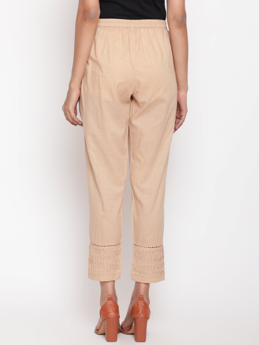 Beige Solid Straight Fit Cotton Pant
