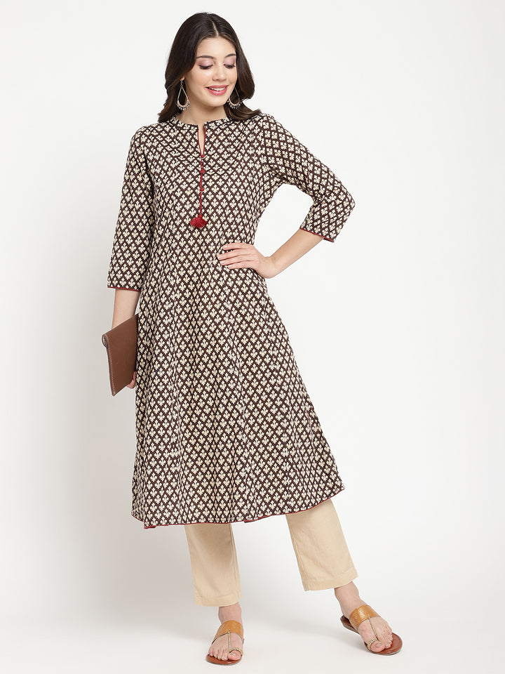 Multicolor Cotton Printed Flared Kurta showcased in a full length picture by Savi model.
