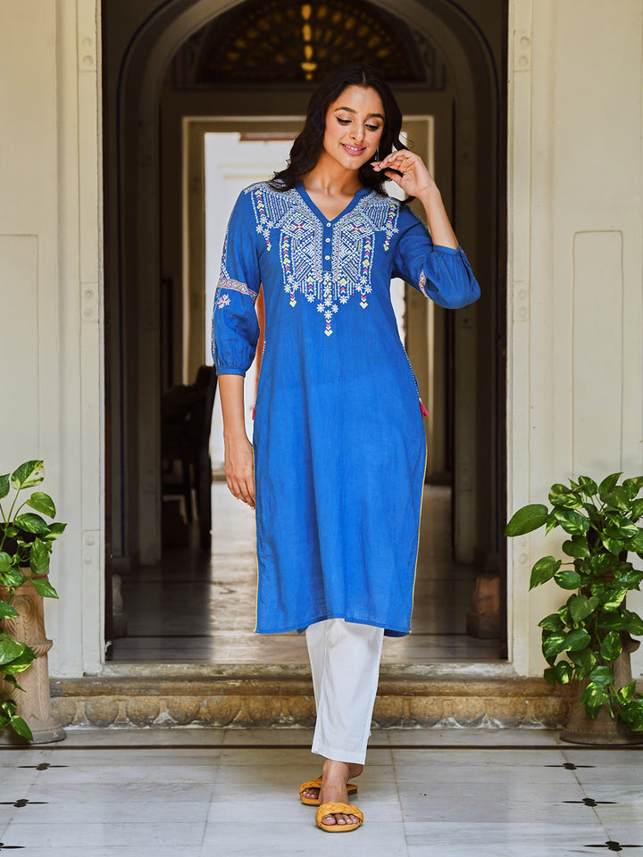 Blue Embroidered Designer Straight Kurta