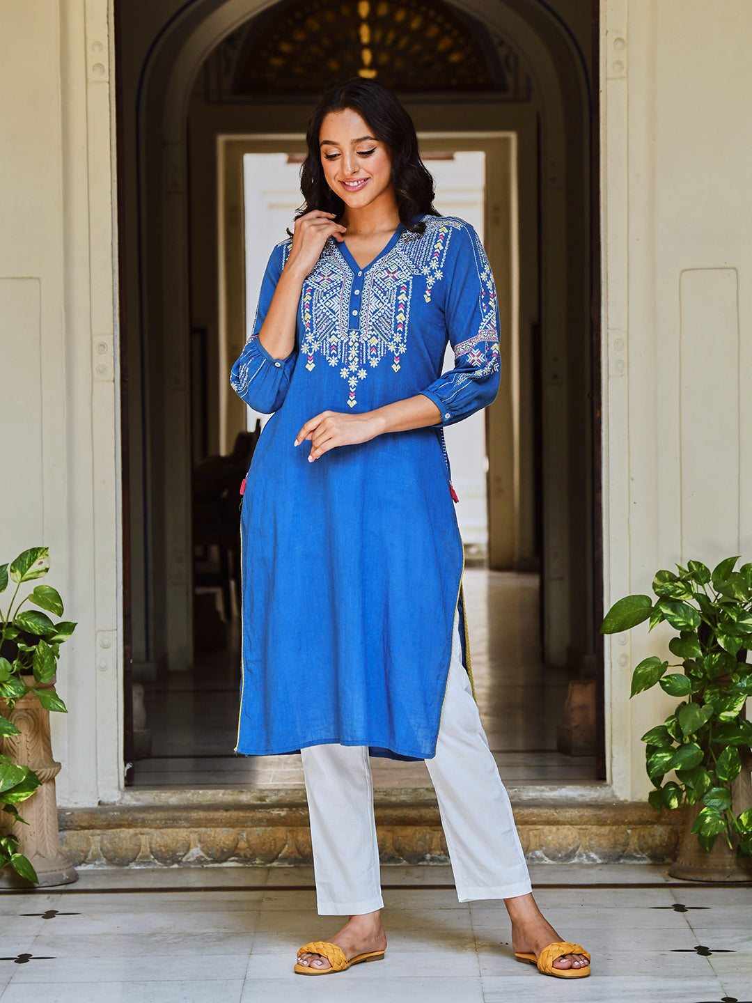 Blue Embroidered Designer Straight Kurta