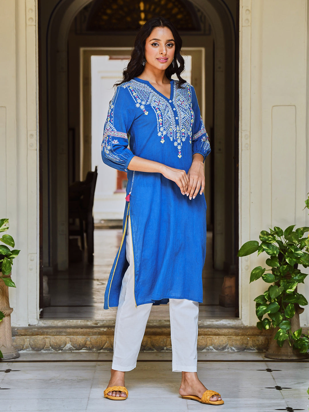 Blue Embroidered Designer Straight Kurta