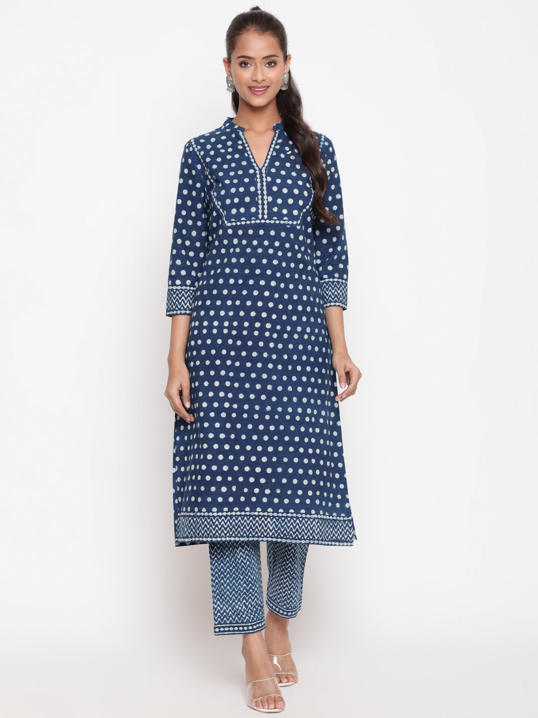 Woman posing in Savi's Cotton Indigo Printed casual Kurta Pant Set