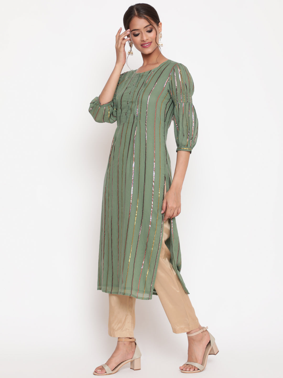 Woman posing in Olive Green Cotton Lurex Straight Kurta