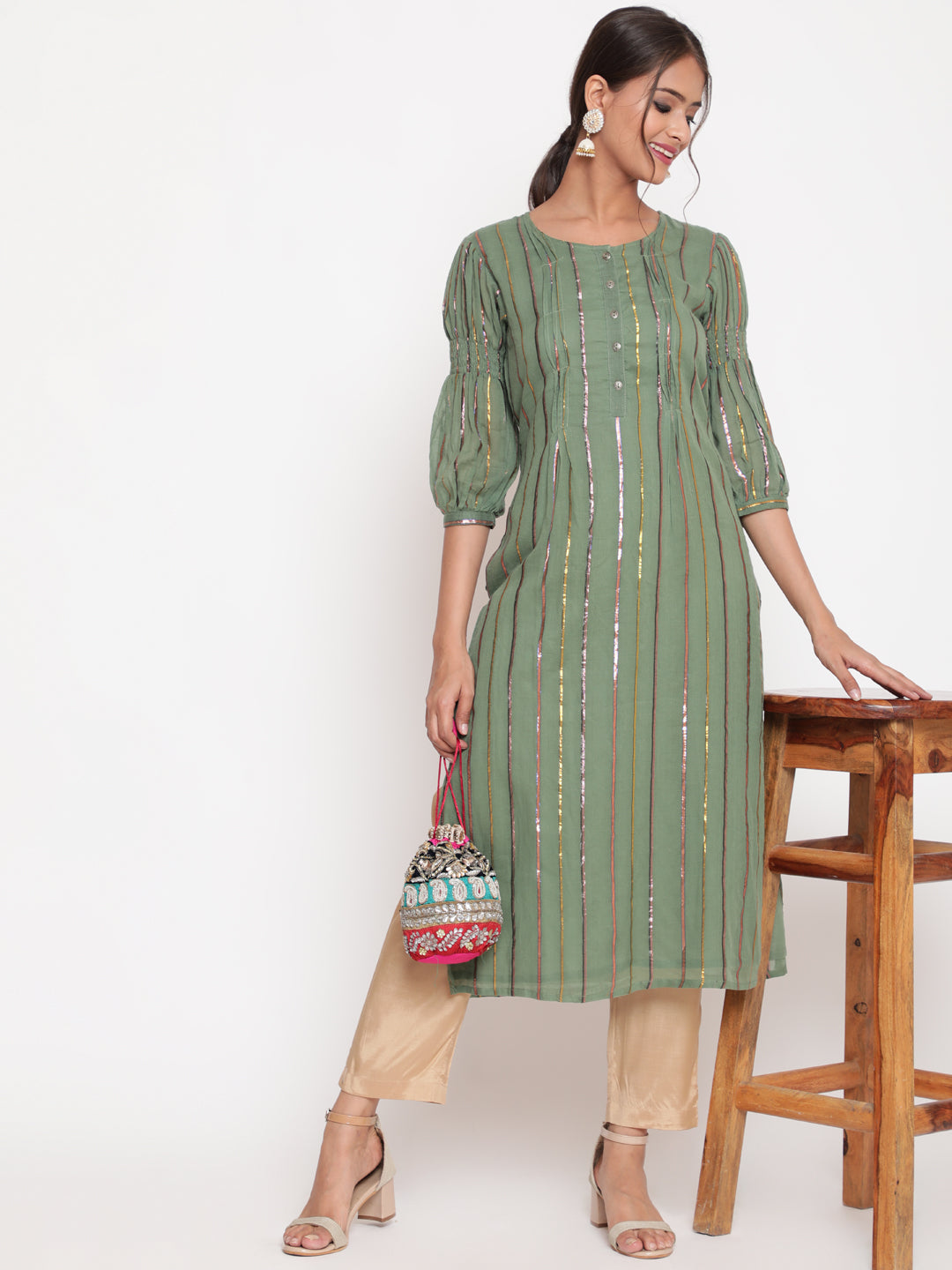 Woman posing in Olive Green Cotton Lurex Straight Kurta