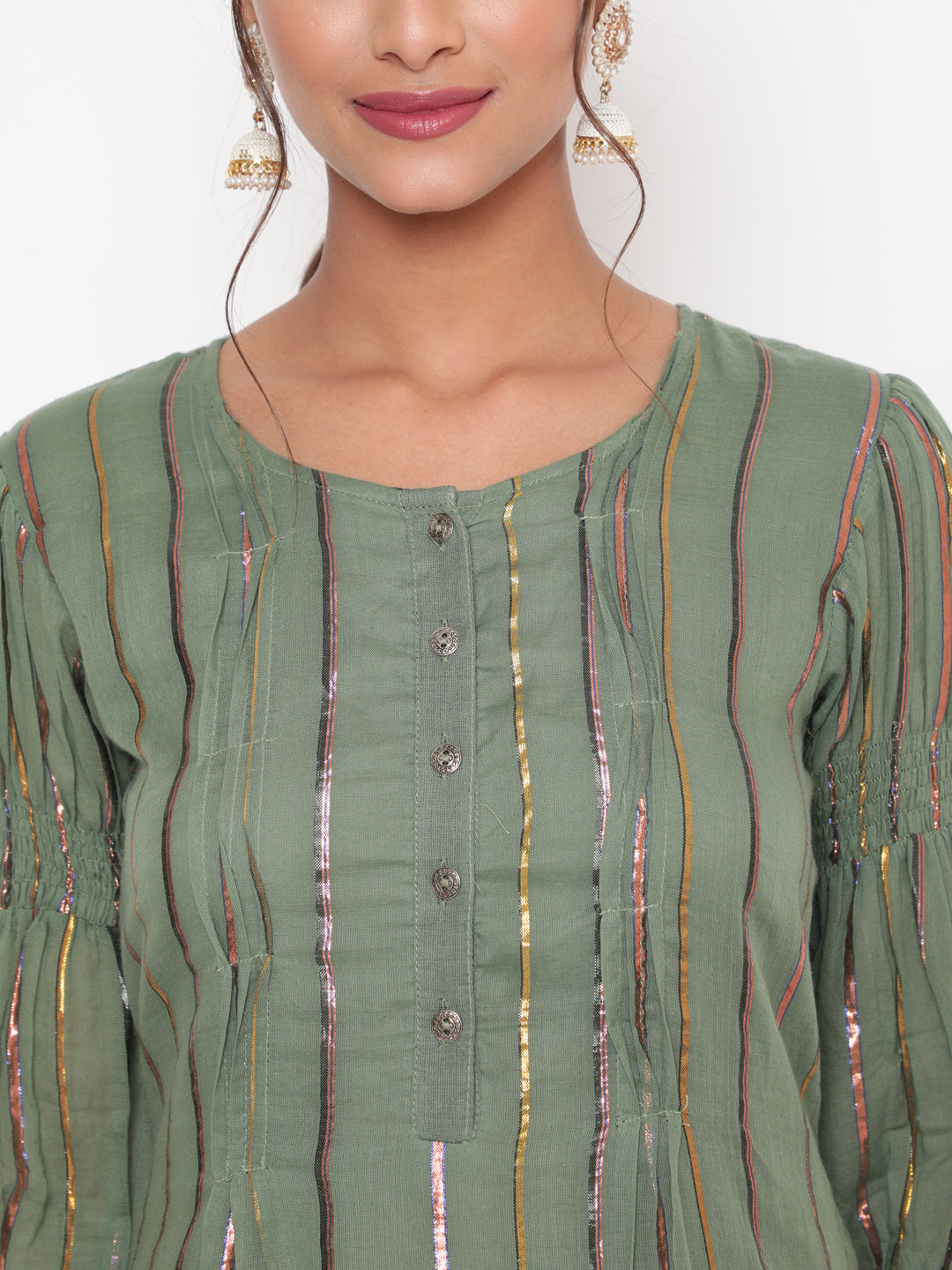 Woman posing in Olive Green Cotton Lurex Straight Kurta