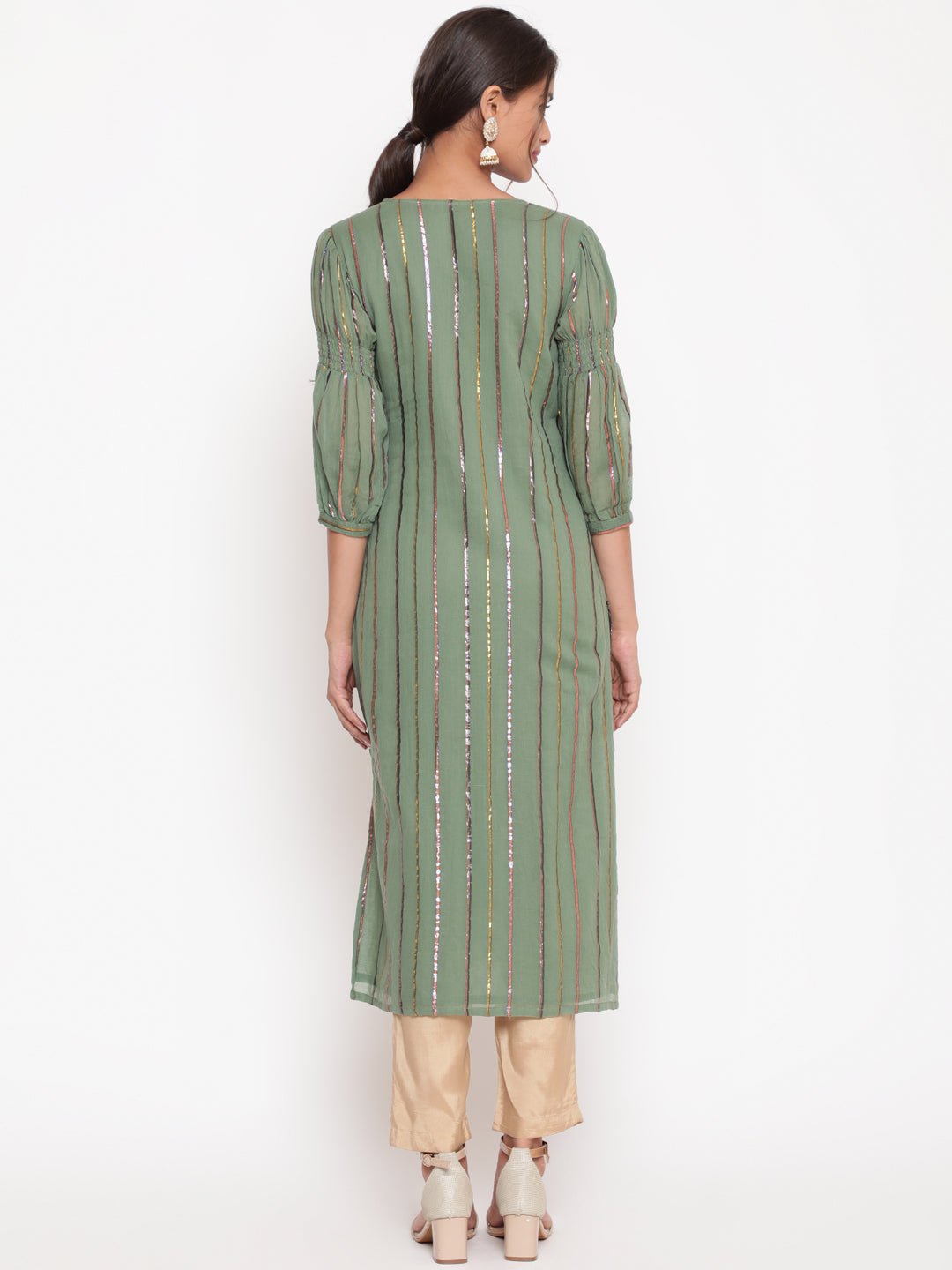 Woman posing in Olive Green Cotton Lurex Straight Kurta