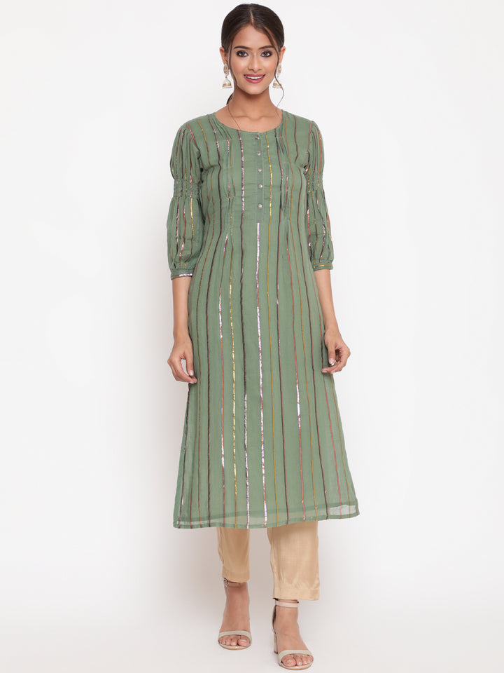 Woman posing in Olive Green Cotton Lurex Straight Kurta