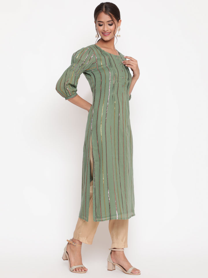 Woman posing in Olive Green Cotton Lurex Straight Kurta