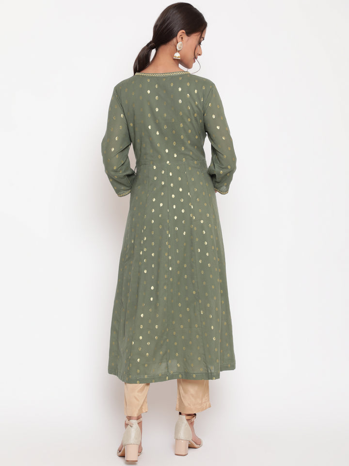 Woman posing in Olive Green Cotton Lurex Angrakha Kurta