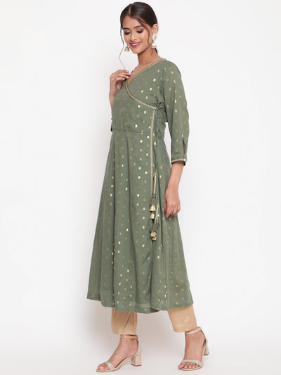 Woman posing in Olive Green Cotton Lurex Angrakha Kurta