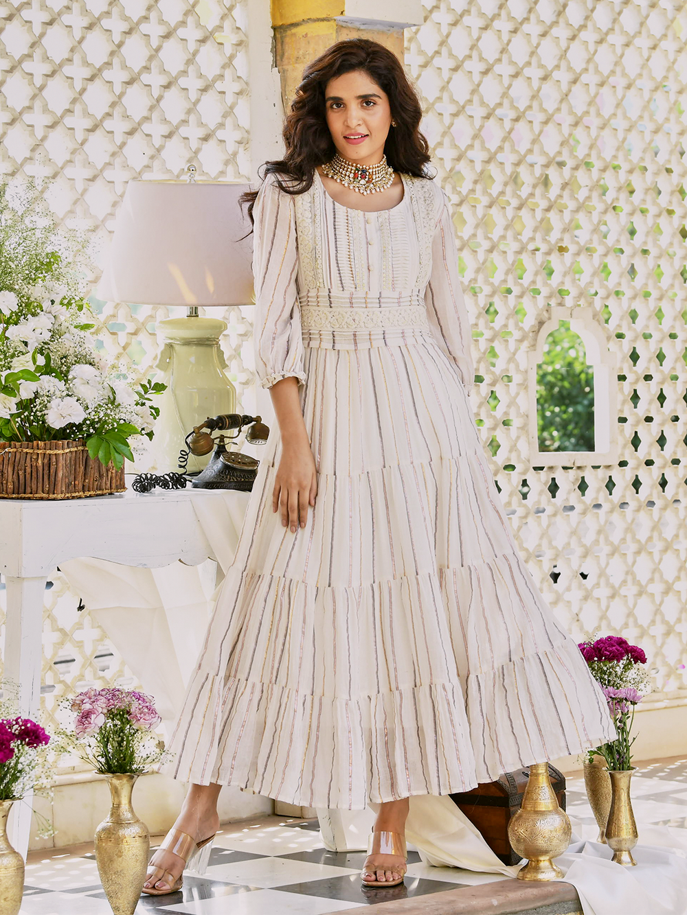 Off White Cotton Lurex Designer Tiered Dress