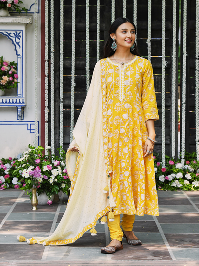 Mustard Yellow Block Printed Cotton Anarkali Suit Set