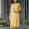 Mustard Yellow Block Printed Cotton Anarkali Suit Set