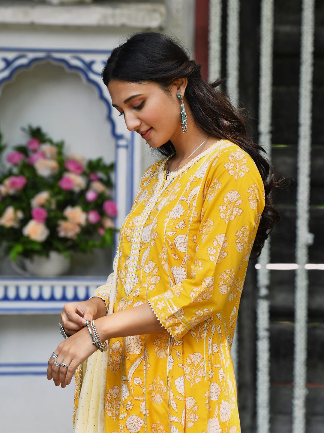 Mustard Yellow Block Printed Cotton Anarkali Suit Set